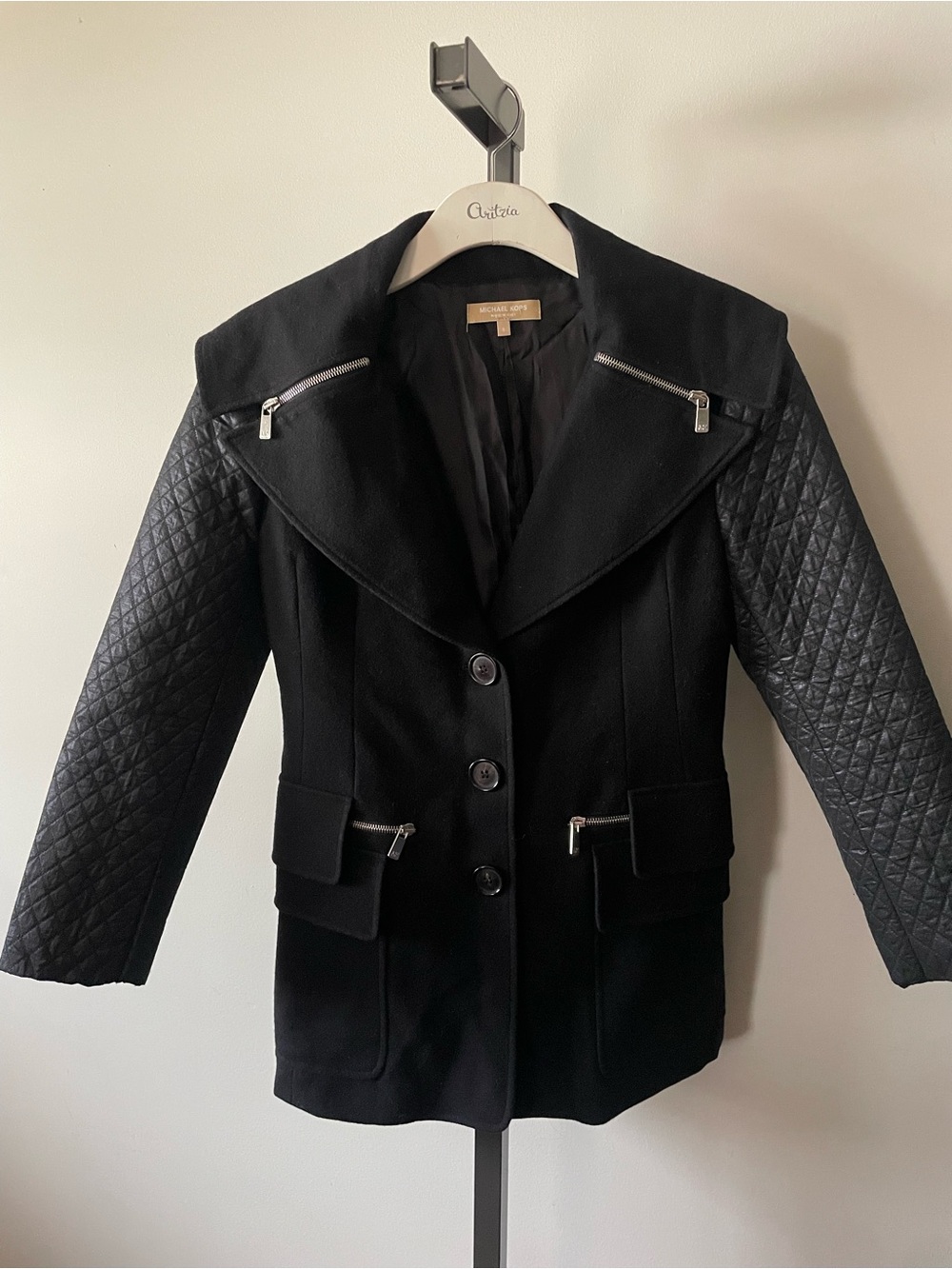 Michael Kors Collection Wool Mixed Media Quilted Moto Biker Jacket Coat